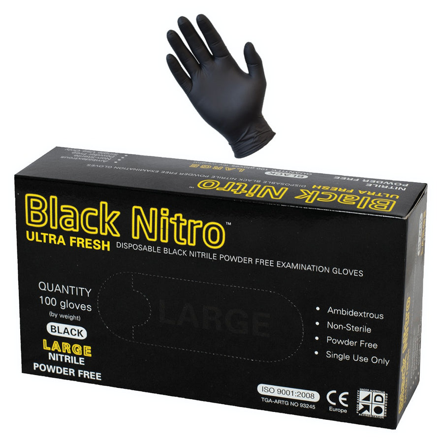 Black Nitrile Nitro Powder Free Disposable Gloves-Heavy Duty - LARGE - Ultra Fine Car Care